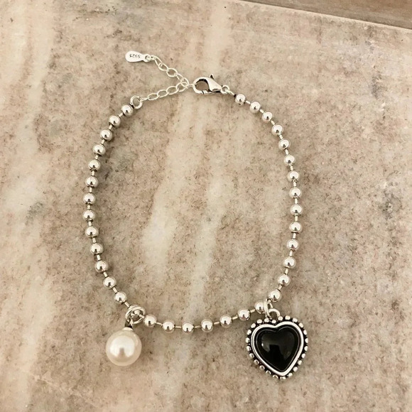 925 Sterling Silver Dainty Bead Bracelet Minimalist Heart & Pearl Charm Bracelet - Picture 2 of 5